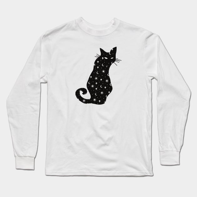 Black Cat Silhouette with moon, sun and stars Long Sleeve T-Shirt by From Mars